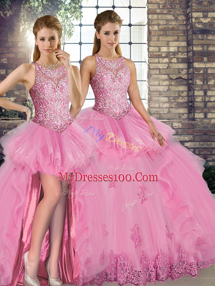 Cheap Scoop Sleeveless Sweet 16 Dresses Floor Length Lace and Embroidery and Ruffles Rose Pink Tulle