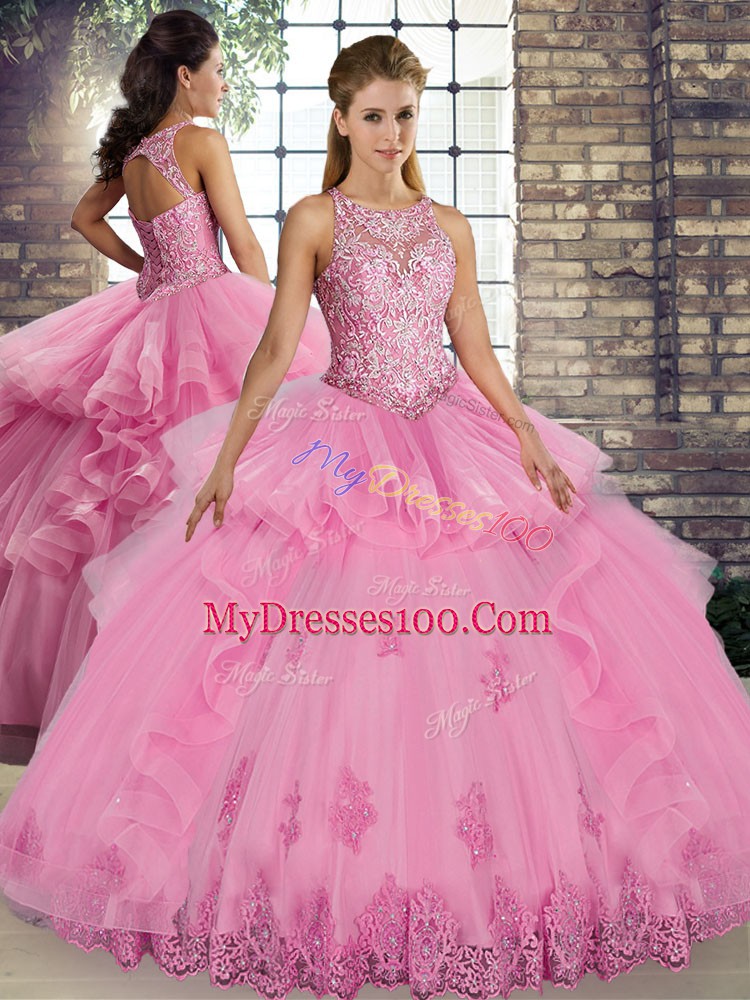 Cheap Scoop Sleeveless Sweet 16 Dresses Floor Length Lace and Embroidery and Ruffles Rose Pink Tulle