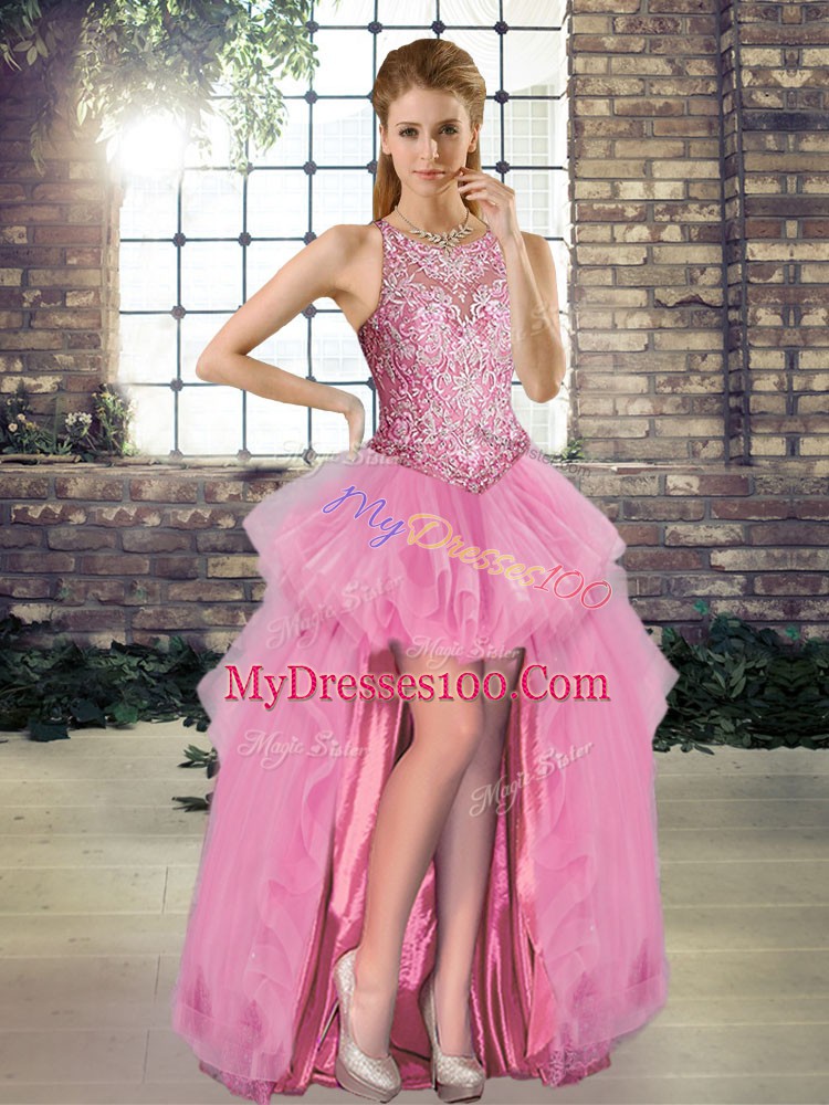 Cheap Scoop Sleeveless Sweet 16 Dresses Floor Length Lace and Embroidery and Ruffles Rose Pink Tulle