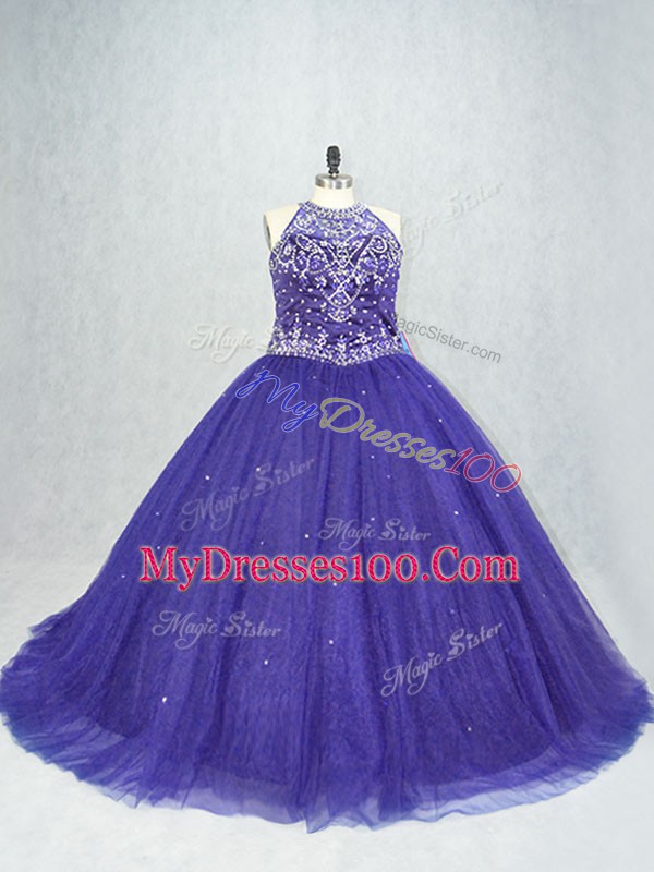 Sleeveless Beading Lace Up Quinceanera Dresses with Purple Brush Train