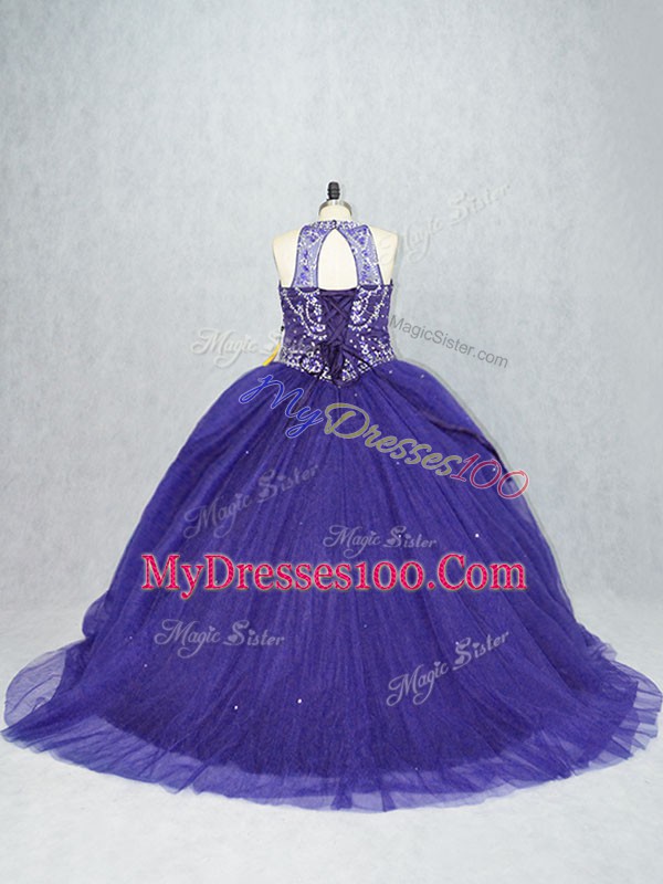 Sleeveless Beading Lace Up Quinceanera Dresses with Purple Brush Train