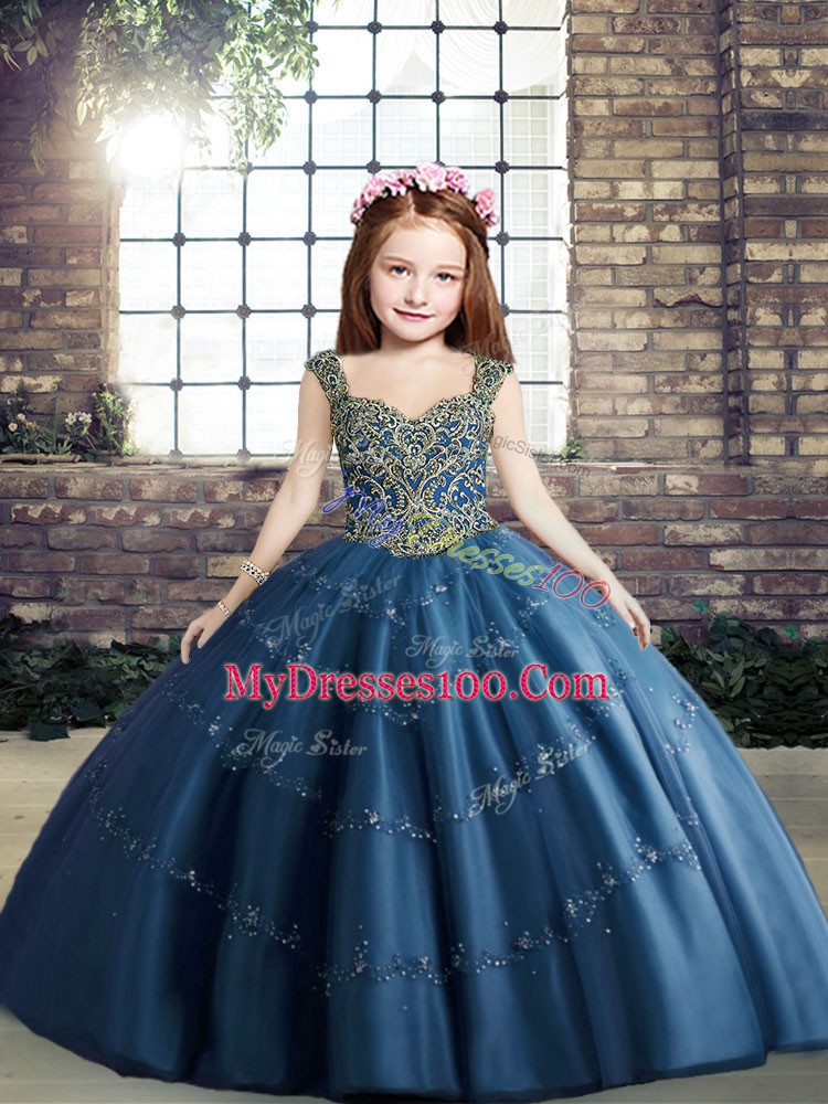 Floor Length Ball Gowns Sleeveless Blue Pageant Gowns For Girls Lace Up
