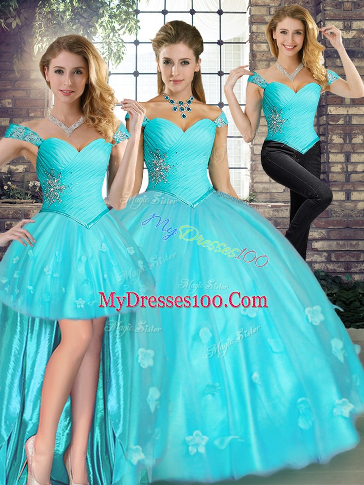 Fantastic Aqua Blue Off The Shoulder Lace Up Beading and Appliques Sweet 16 Dress Sleeveless