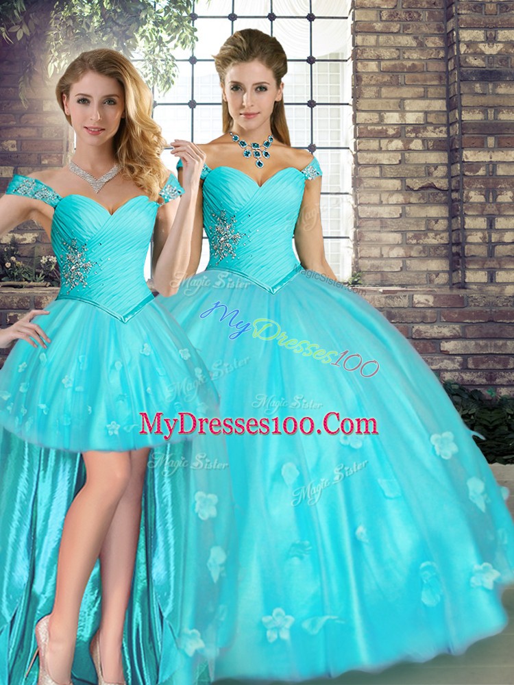 Fantastic Aqua Blue Off The Shoulder Lace Up Beading and Appliques Sweet 16 Dress Sleeveless