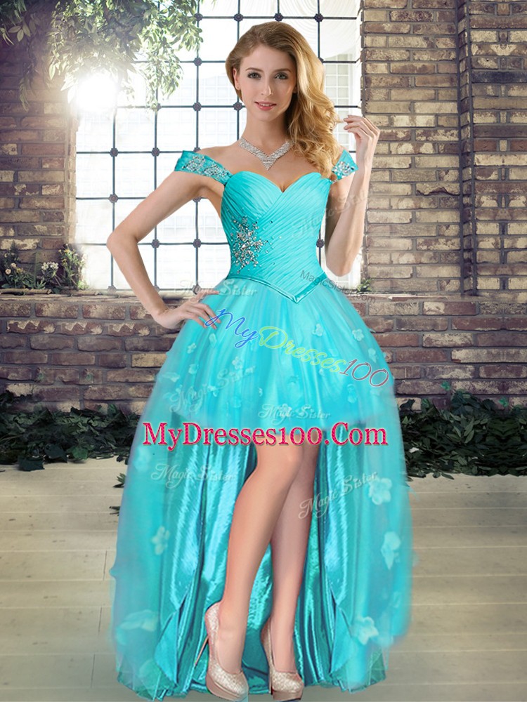 Fantastic Aqua Blue Off The Shoulder Lace Up Beading and Appliques Sweet 16 Dress Sleeveless