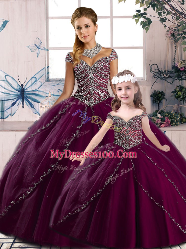 Artistic Cap Sleeves Brush Train Beading Vestidos de Quinceanera
