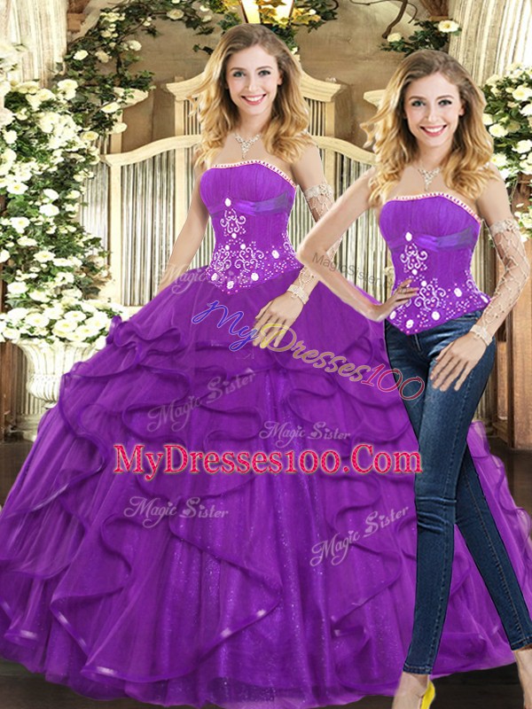 Affordable Two Pieces Quince Ball Gowns Purple Strapless Tulle Sleeveless Floor Length Lace Up