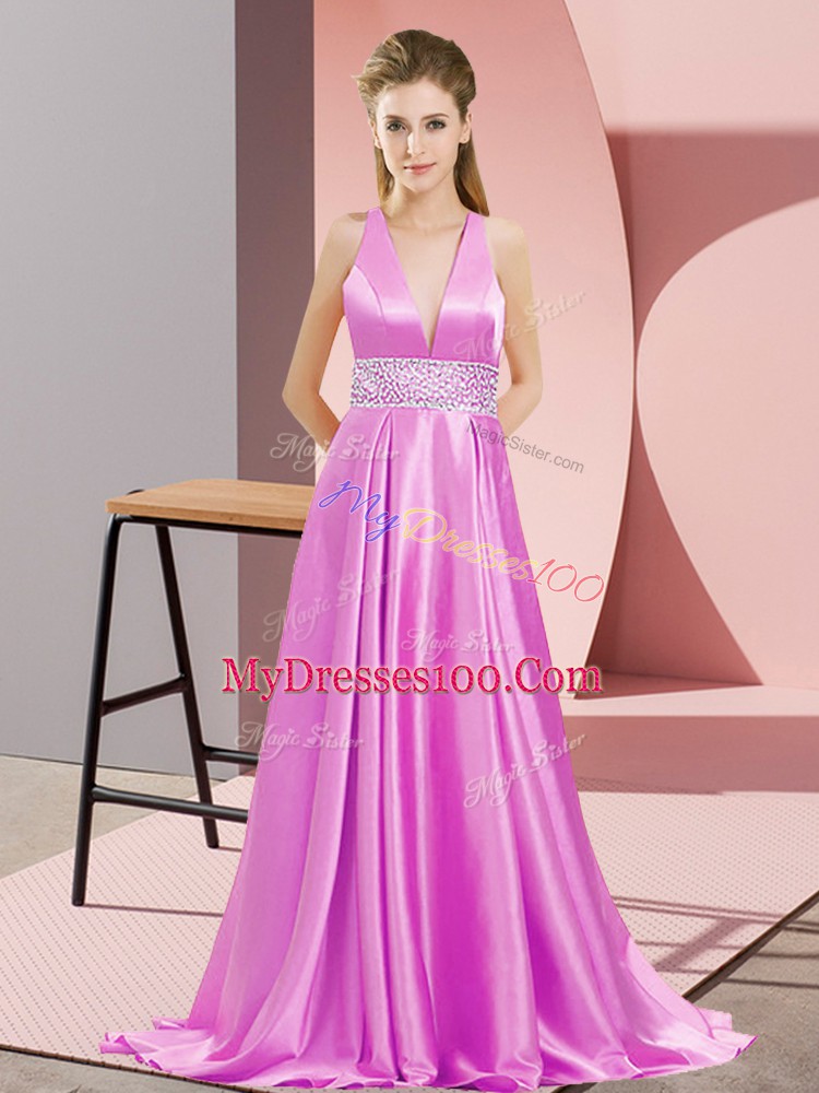 High End Lilac V-neck Neckline Beading Prom Dresses Sleeveless Backless