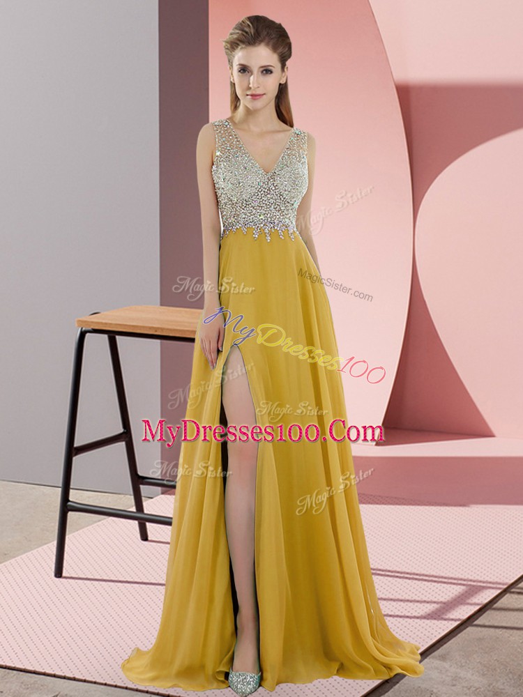 V-neck Sleeveless Chiffon Pageant Dress for Teens Beading Sweep Train Zipper