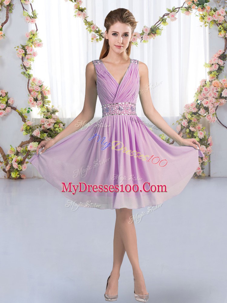 Shining Lavender Zipper V-neck Beading Damas Dress Chiffon Sleeveless