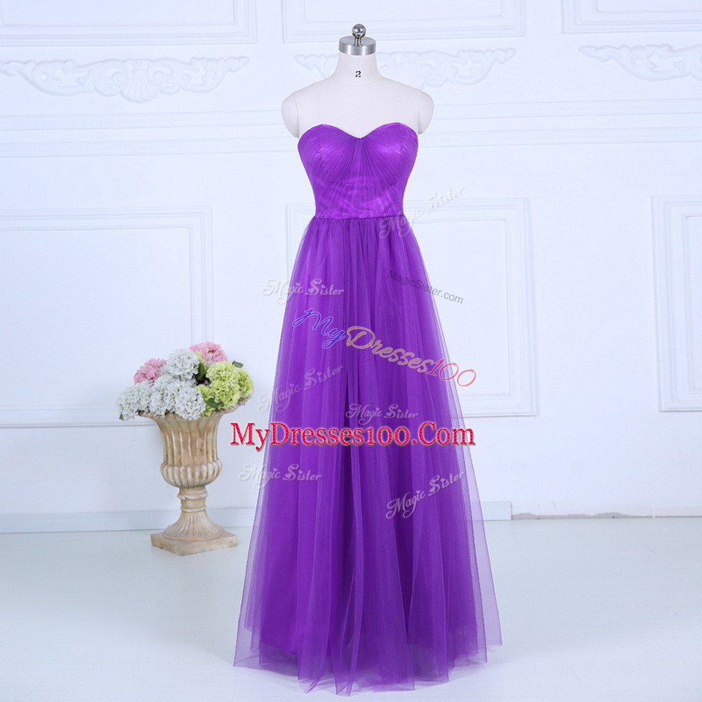 Customized Eggplant Purple Sleeveless Floor Length Ruching Zipper Wedding Party Dress