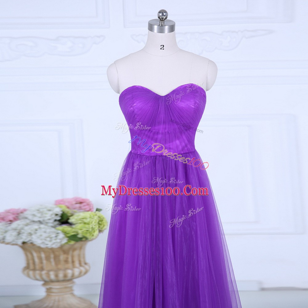 Customized Eggplant Purple Sleeveless Floor Length Ruching Zipper Wedding Party Dress