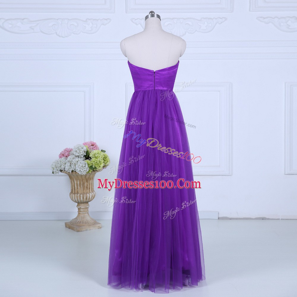 Customized Eggplant Purple Sleeveless Floor Length Ruching Zipper Wedding Party Dress