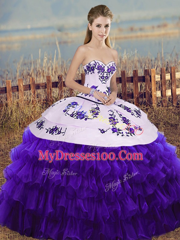 Captivating Sleeveless Embroidery and Ruffled Layers and Bowknot Lace Up Quince Ball Gowns
