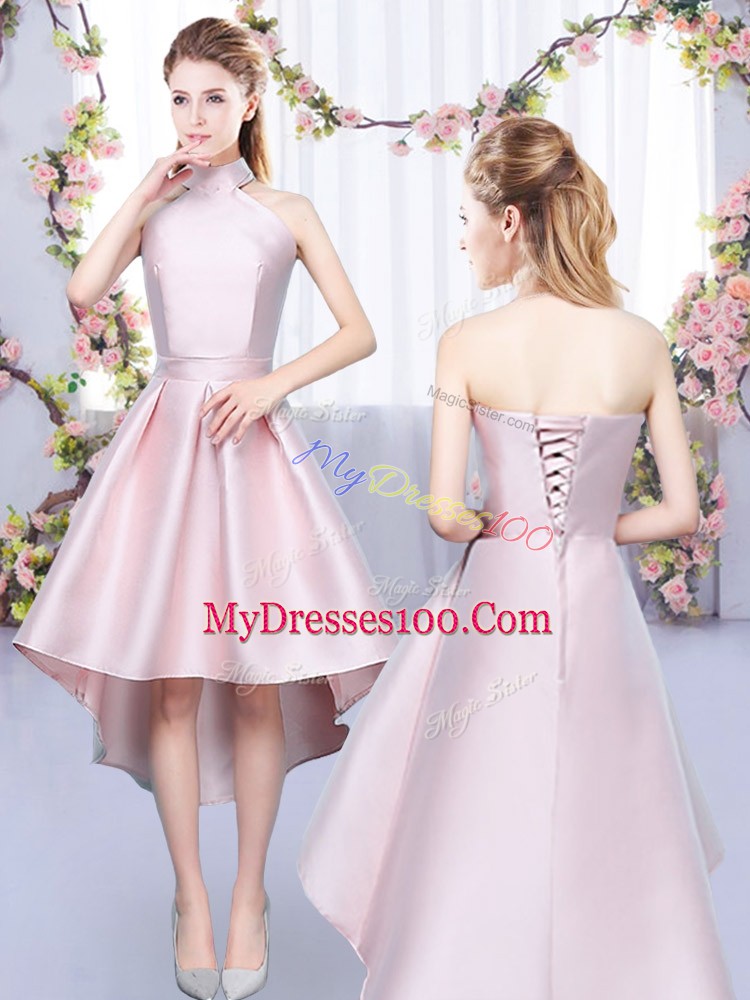 Satin Halter Top Sleeveless Lace Up Ruching Bridesmaid Dresses in Baby Pink