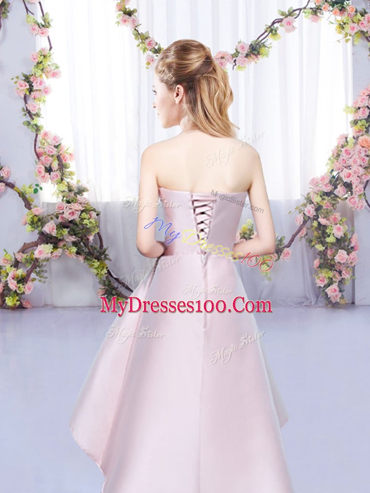 Satin Halter Top Sleeveless Lace Up Ruching Bridesmaid Dresses in Baby Pink