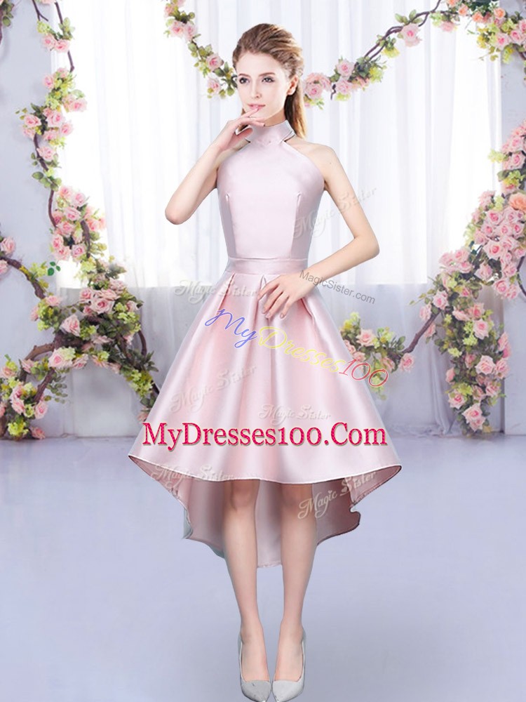 Satin Halter Top Sleeveless Lace Up Ruching Bridesmaid Dresses in Baby Pink