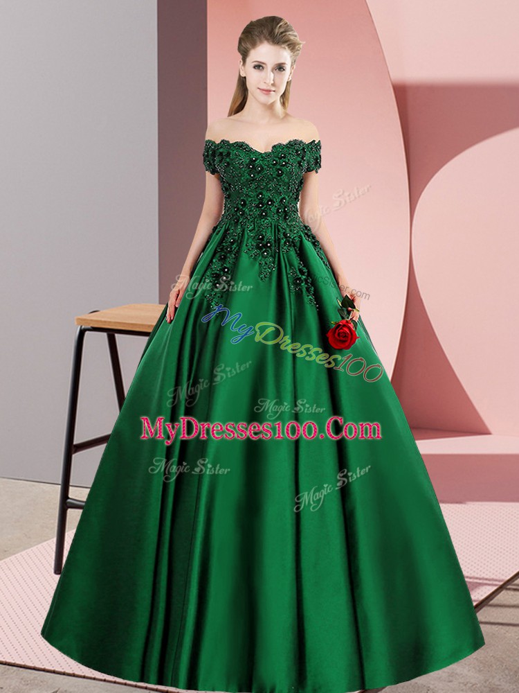 Delicate Green Satin Zipper Off The Shoulder Sleeveless Floor Length Quinceanera Gowns Lace