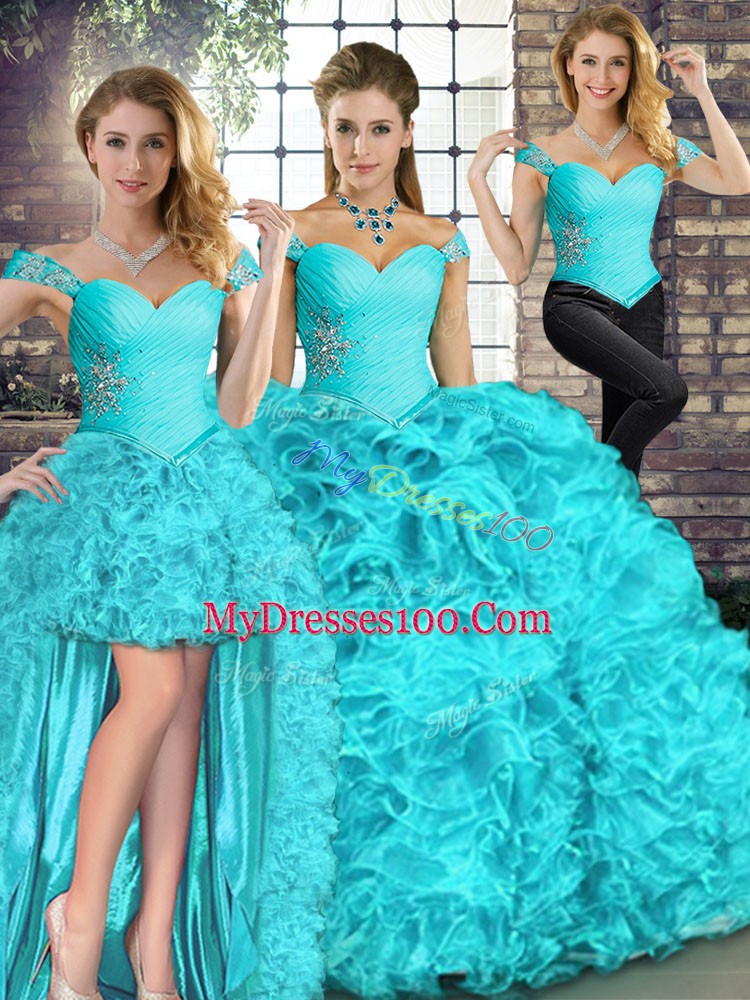 Aqua Blue Lace Up Off The Shoulder Beading and Ruffles Sweet 16 Quinceanera Dress Organza Sleeveless