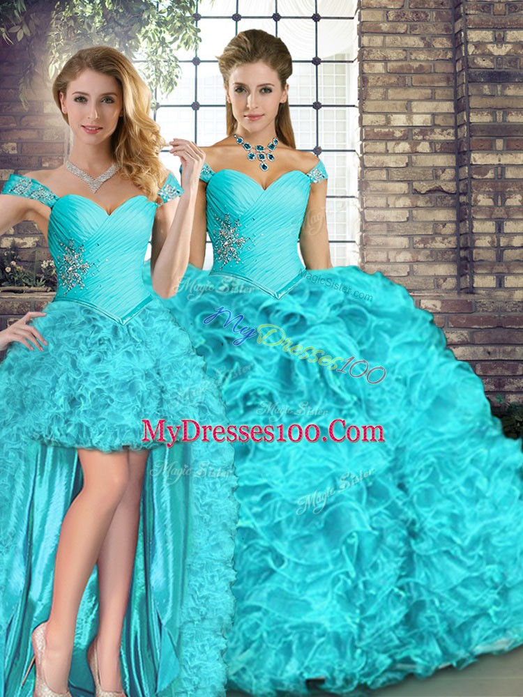 Aqua Blue Lace Up Off The Shoulder Beading and Ruffles Sweet 16 Quinceanera Dress Organza Sleeveless