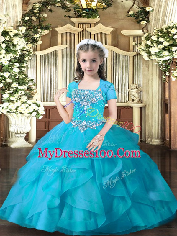 Floor Length Lace Up Girls Pageant Dresses Aqua Blue for Party and Sweet 16 and Wedding Party with Beading and Ruffles