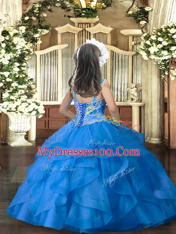 Floor Length Lace Up Girls Pageant Dresses Aqua Blue for Party and Sweet 16 and Wedding Party with Beading and Ruffles