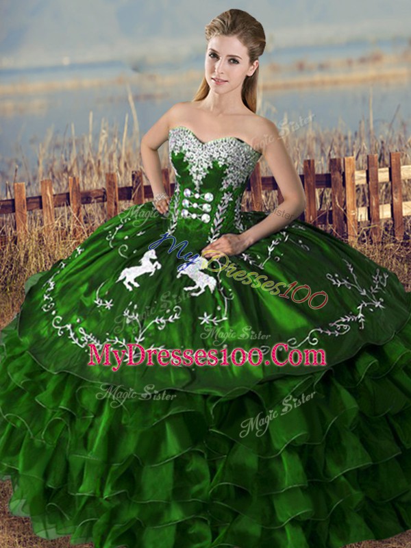 Sleeveless Lace Up Floor Length Embroidery and Ruffles Ball Gown Prom Dress
