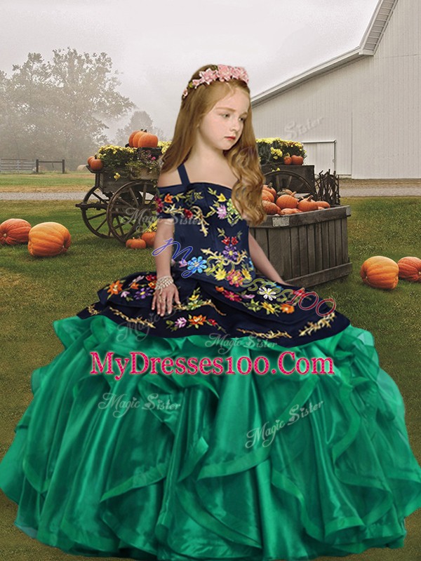 Turquoise Straps Neckline Embroidery Kids Formal Wear Sleeveless Lace Up
