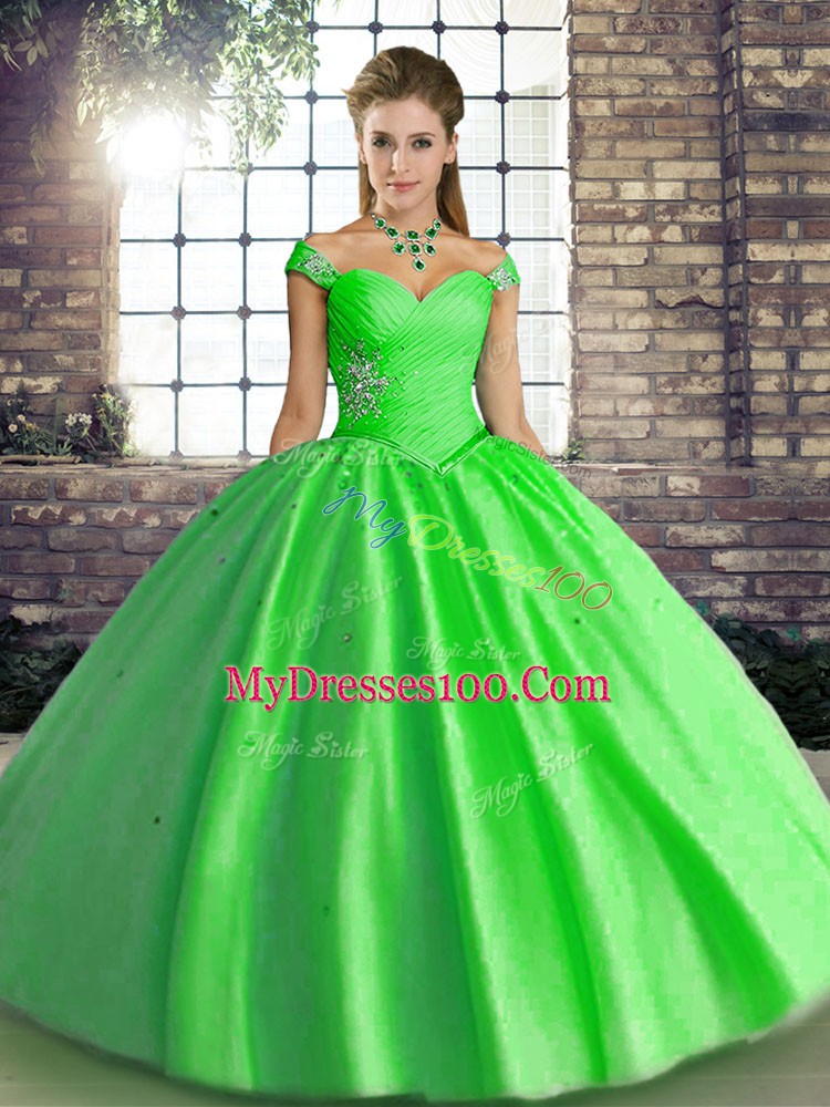 Green 15 Quinceanera Dress Military Ball and Sweet 16 and Quinceanera with Beading Off The Shoulder Sleeveless Lace Up