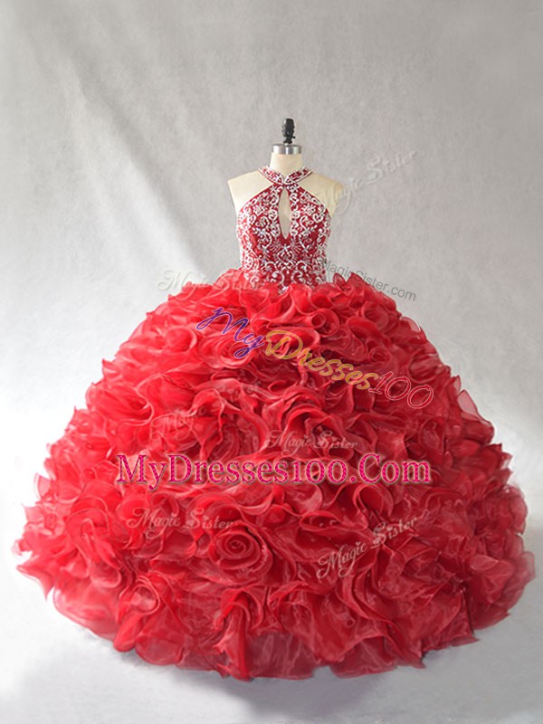 Stylish Red Halter Top Lace Up Beading and Ruffles 15th Birthday Dress Brush Train Sleeveless