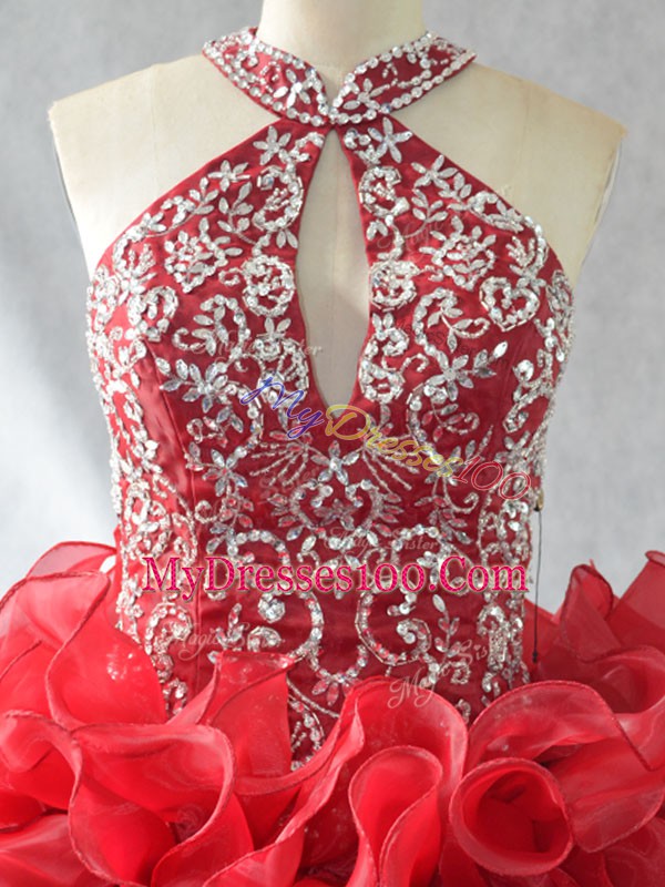 Stylish Red Halter Top Lace Up Beading and Ruffles 15th Birthday Dress Brush Train Sleeveless
