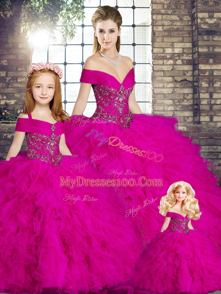 Romantic Floor Length Fuchsia Quinceanera Dresses Off The Shoulder Sleeveless Lace Up