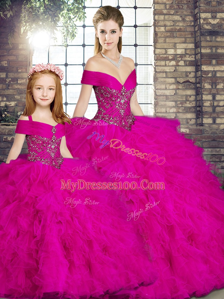 Romantic Floor Length Fuchsia Quinceanera Dresses Off The Shoulder Sleeveless Lace Up