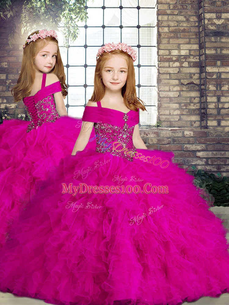 Romantic Floor Length Fuchsia Quinceanera Dresses Off The Shoulder Sleeveless Lace Up
