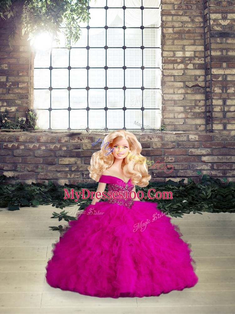 Romantic Floor Length Fuchsia Quinceanera Dresses Off The Shoulder Sleeveless Lace Up