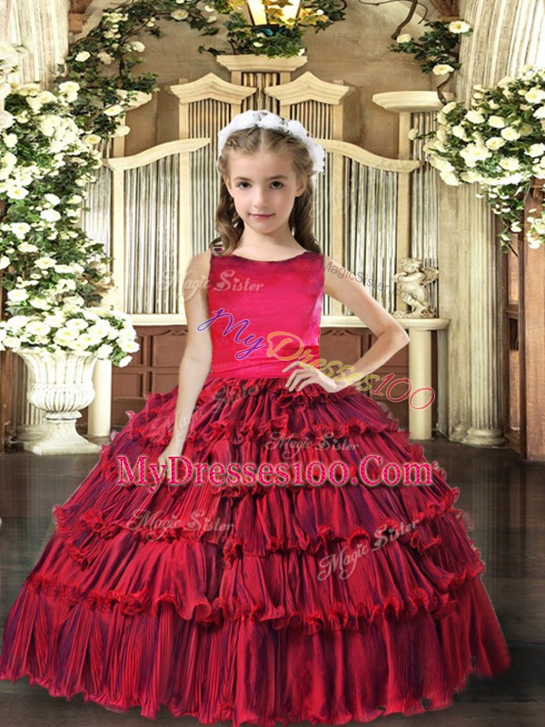Red Sleeveless Floor Length Ruffled Layers Lace Up Little Girls Pageant Dress Wholesale