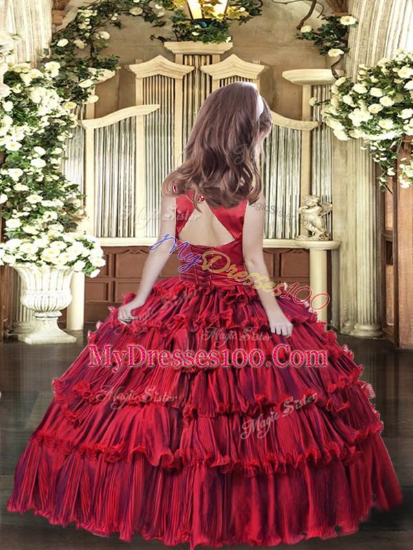 Red Sleeveless Floor Length Ruffled Layers Lace Up Little Girls Pageant Dress Wholesale