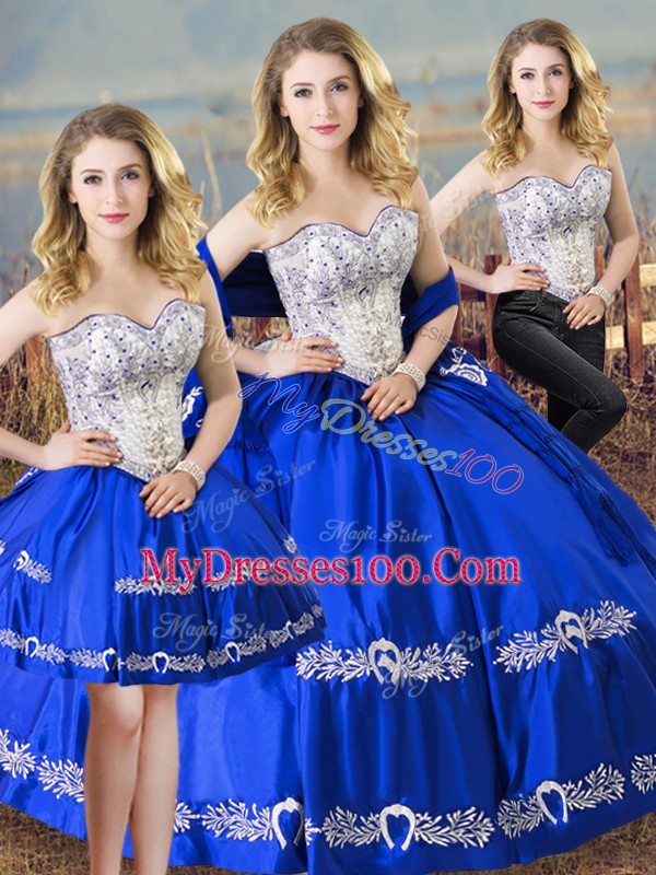 Royal Blue Satin Lace Up Sweetheart Sleeveless Floor Length 15th Birthday Dress Beading and Embroidery