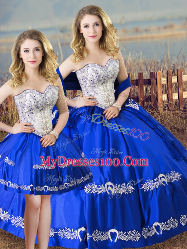 Royal Blue Satin Lace Up Sweetheart Sleeveless Floor Length 15th Birthday Dress Beading and Embroidery
