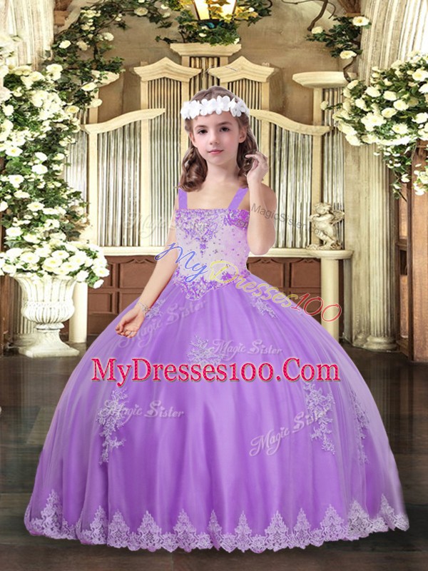 Floor Length Lace Up Little Girls Pageant Dress Wholesale Lavender for Party and Sweet 16 and Wedding Party with Appliques