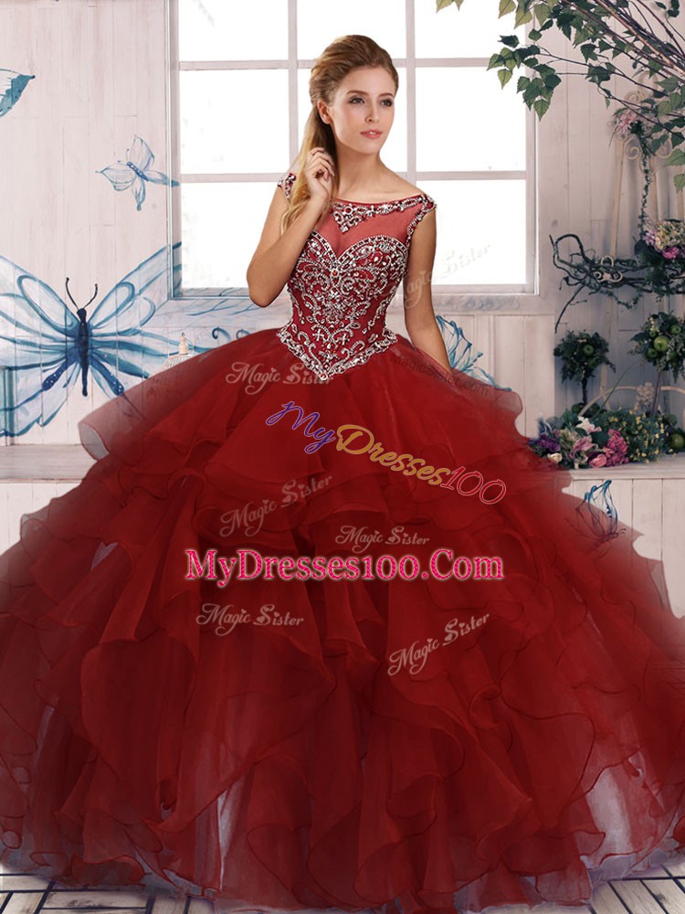 Burgundy Zipper 15th Birthday Dress Beading and Ruffles Sleeveless Floor Length
