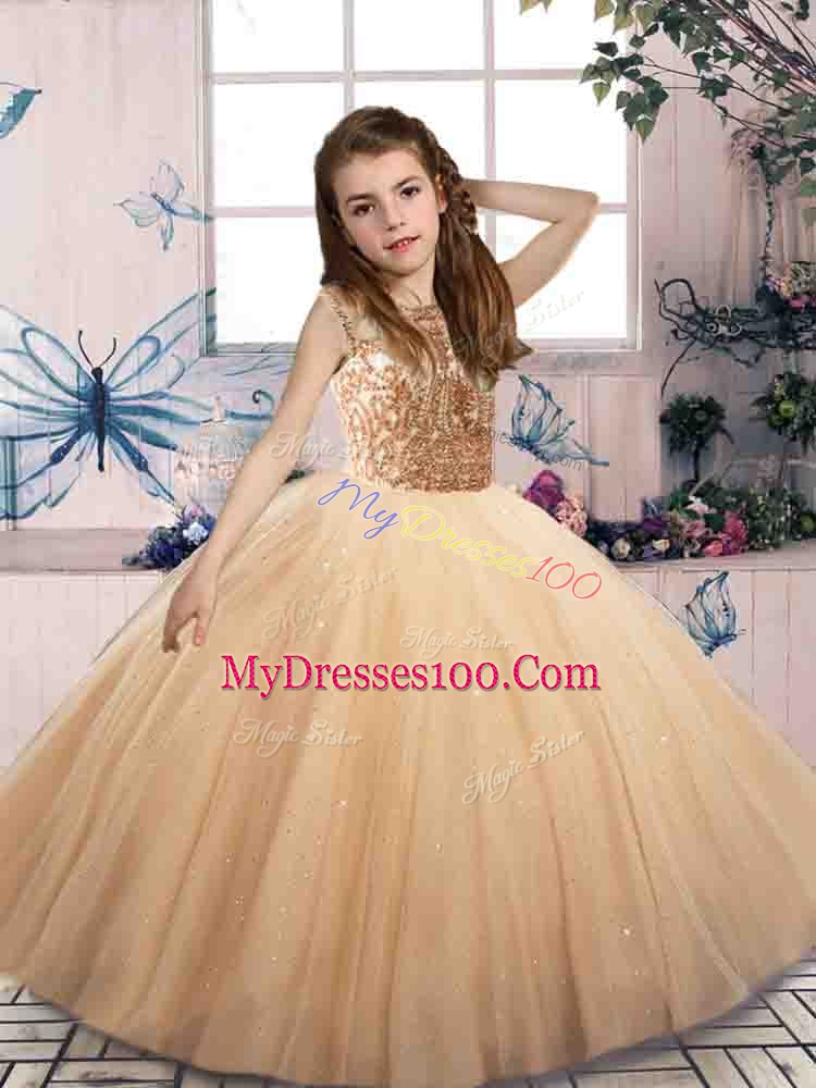 Tulle Scoop Sleeveless Lace Up Beading Little Girl Pageant Gowns in Champagne