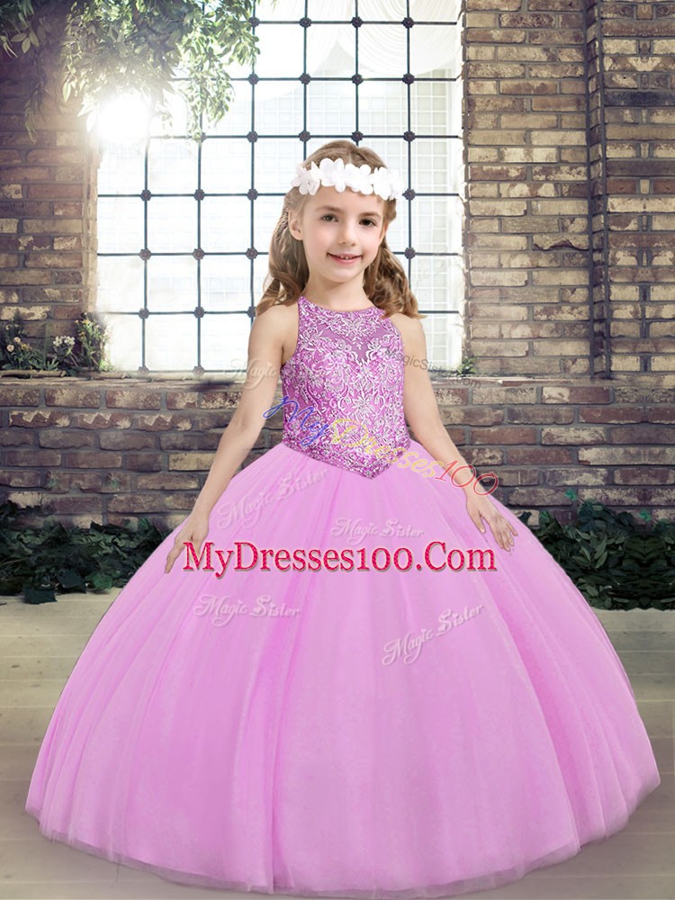Ball Gowns Pageant Dress Lilac Scoop Tulle Sleeveless Floor Length Lace Up