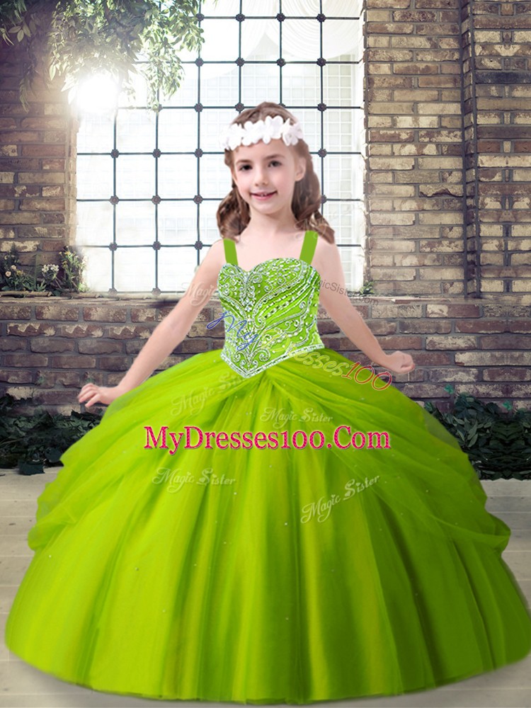 Inexpensive Green Sleeveless Beading and Pick Ups Floor Length Little Girl Pageant Gowns