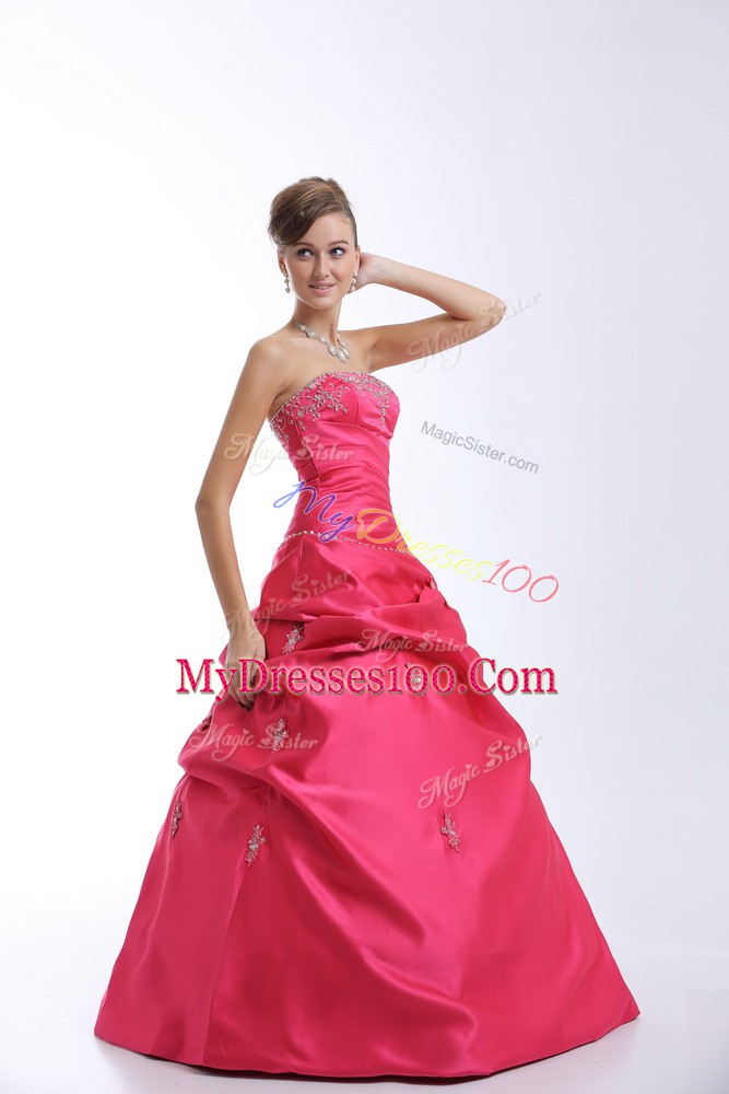 Popular Hot Pink Taffeta Lace Up Sweetheart Sleeveless Floor Length 15 Quinceanera Dress Appliques