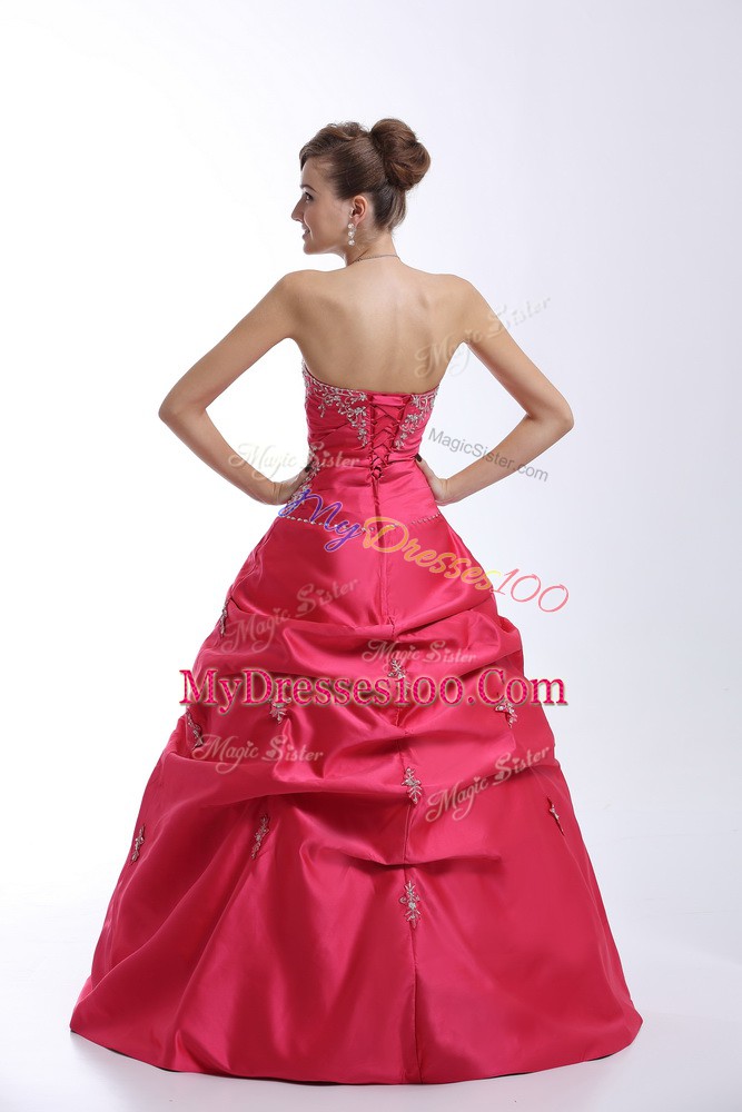 Popular Hot Pink Taffeta Lace Up Sweetheart Sleeveless Floor Length 15 Quinceanera Dress Appliques