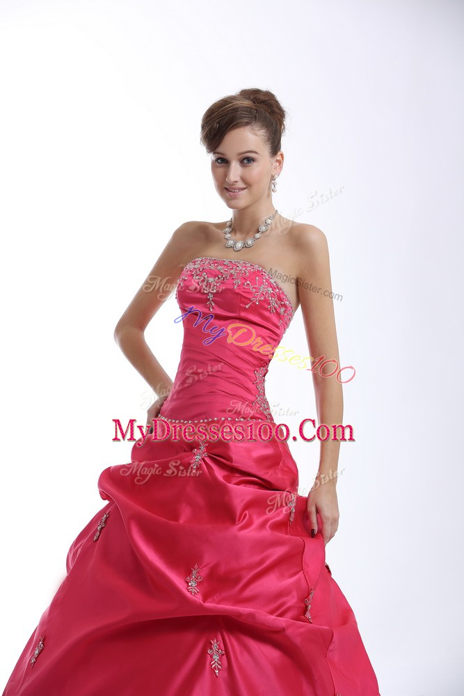 Popular Hot Pink Taffeta Lace Up Sweetheart Sleeveless Floor Length 15 Quinceanera Dress Appliques