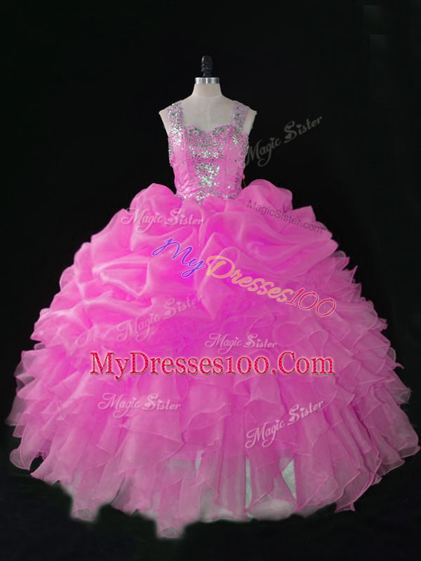 Fantastic Floor Length Rose Pink Sweet 16 Dress Straps Sleeveless Zipper