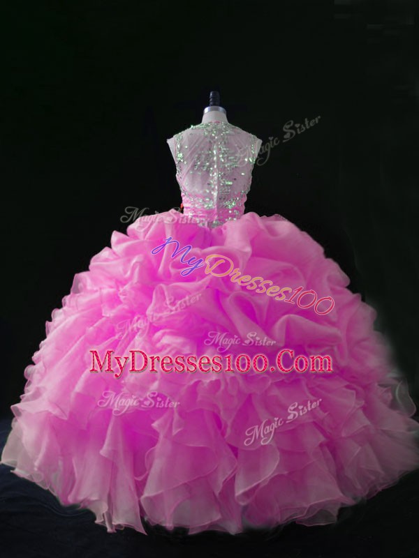 Fantastic Floor Length Rose Pink Sweet 16 Dress Straps Sleeveless Zipper