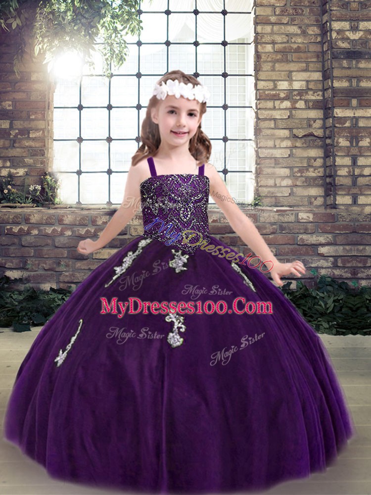 Inexpensive Purple Ball Gowns Appliques Kids Formal Wear Lace Up Tulle Sleeveless Floor Length